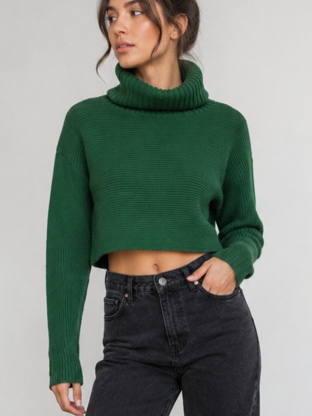 HOUSE OF HARLOW 1960 Green Cropped Turtleneck Sweater Ribbed Chunky Knit Size M